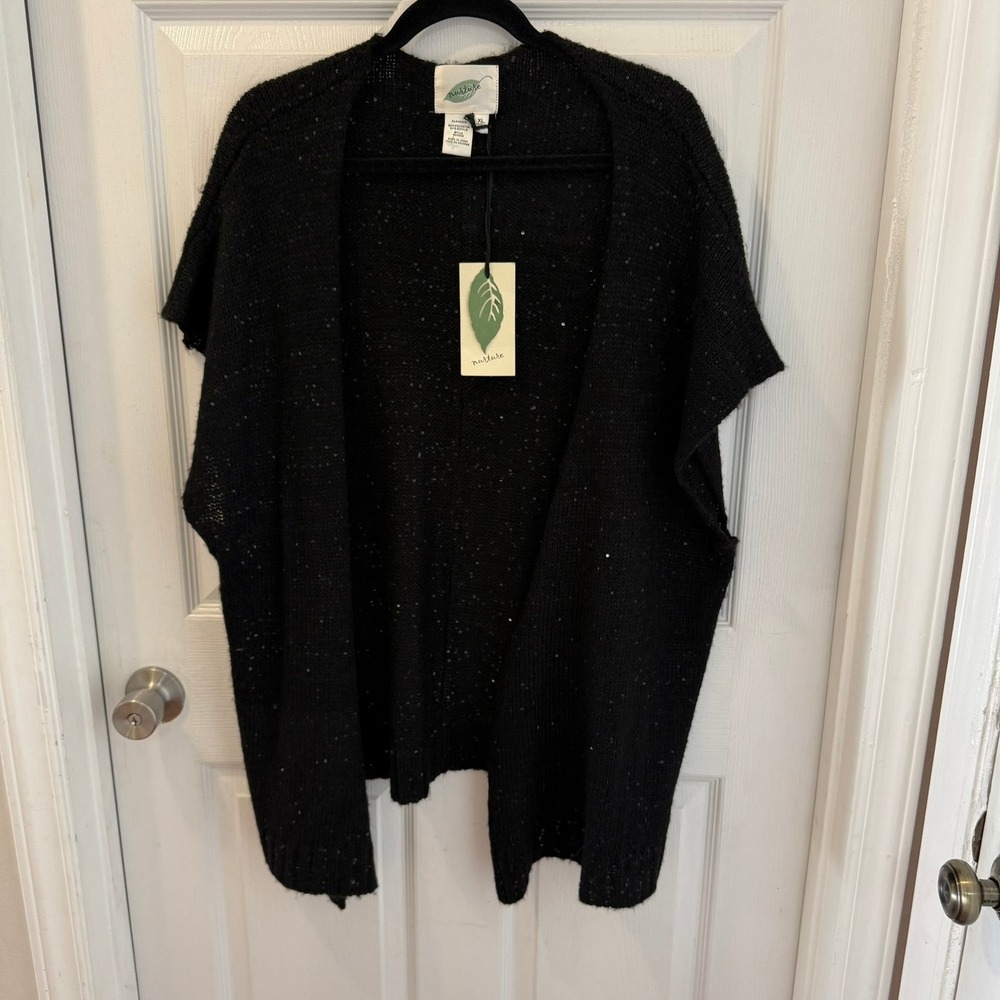 NEW Nurture XL Black Sequin Open Front Knit Poncho Cape Cocoon Cardigan Holiday